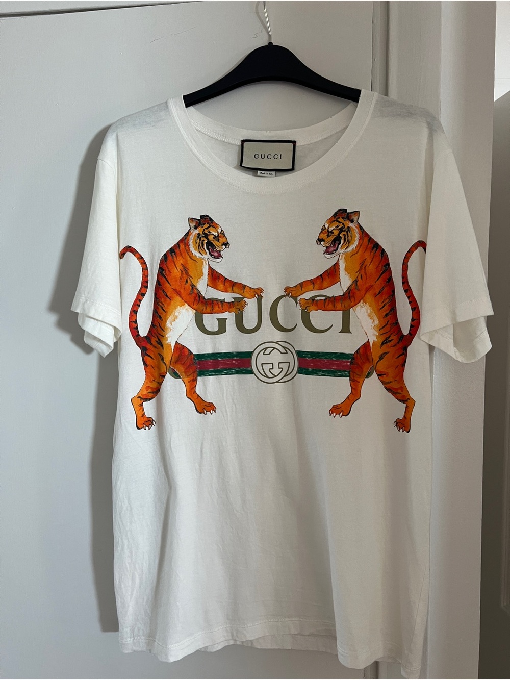 Gucci White Tee with Orange Twin Tiger Motif and Green-Red Stripe
